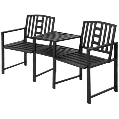 Outsunny 2 Seat Garden Chair Bench Loveseats Jack and Jill Seat w/Coffee Table Slatted Design Patio Yard 