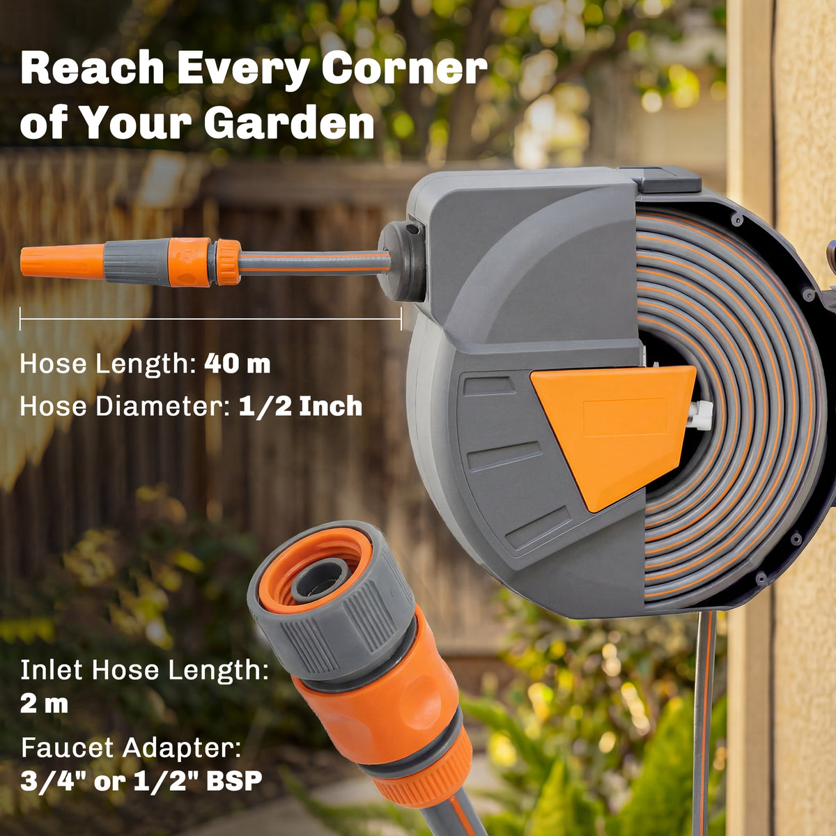 Outsunny Retractable Hose Reel Wall Mounted, 40+2m Garden Hose Pipe Reel with Auto Retraction, Self-Locking, Orange 