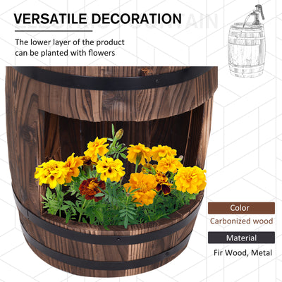 Outsunny Wood Barrel Patio Water Fountain Electric Pump Garden Decorative Ornament with Flower Planter Decor 