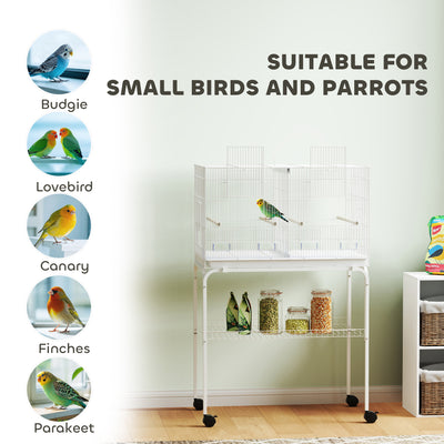 PawHut Bird Cage with Divider, 4 Wooden Perches, Slide Out Tray, 4 Feeders, for Budgie, Lovebird, Canary, 76 x 46 x 116cm White 