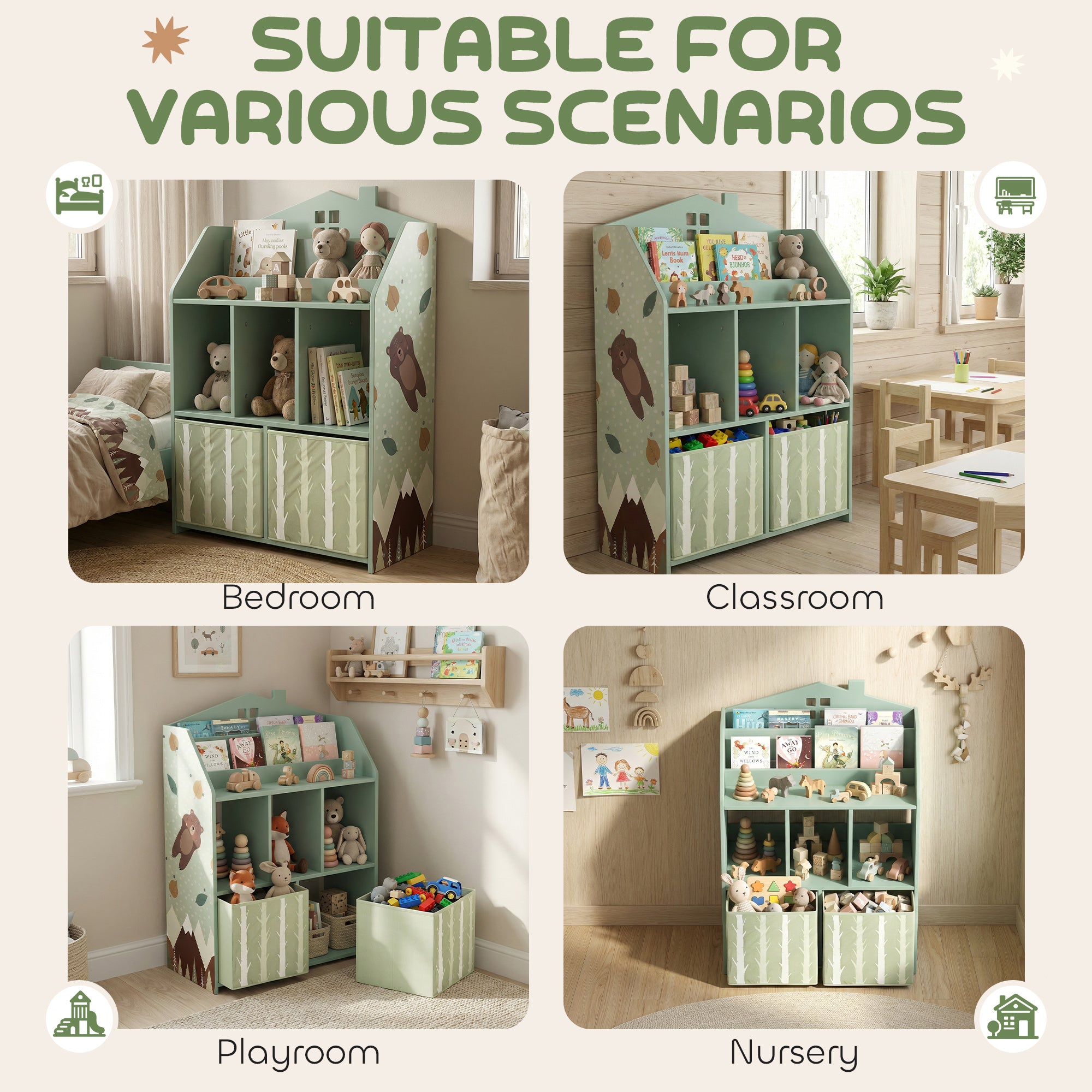 AIYAPLAY Kids Bookshelf with Storage, Toy Storage Unit with Book Display, Shelves and Fabric Drawers for Playroom Nursery, Green 