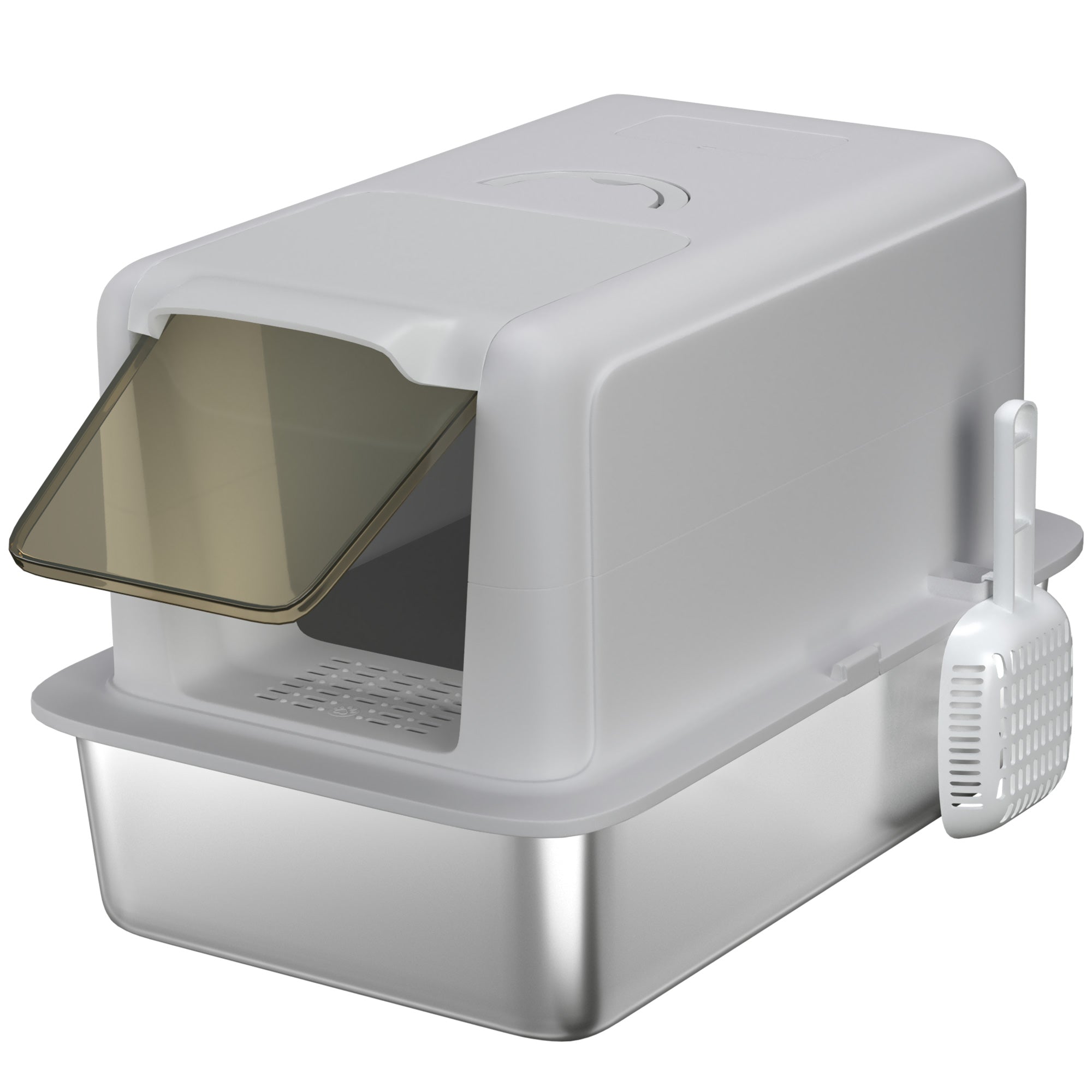 PawHut Stainless Steel Cat Litter Box with Removable Lid, Scoop, Filter Bags, for Larger Cats, Grey