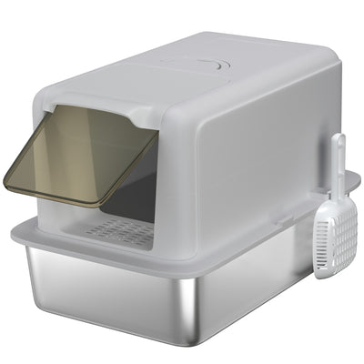 PawHut Stainless Steel Cat Litter Box with Removable Lid, Scoop, Filter Bags, for Larger Cats, Grey 