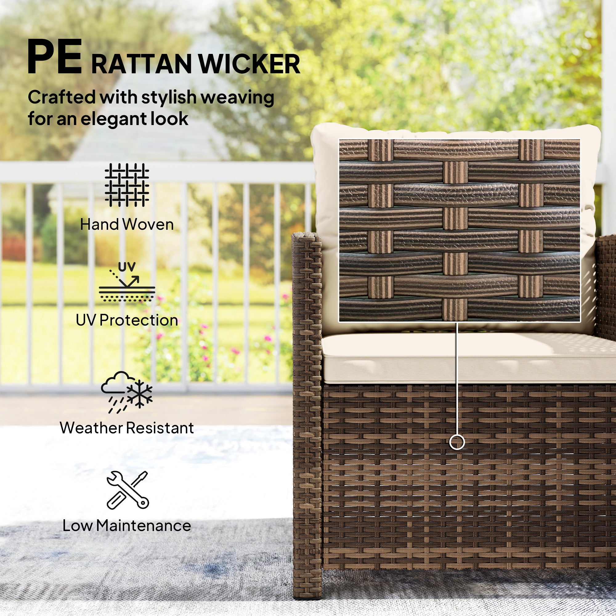 Outsunny Rattan Bistro Set, 3 Piece Garden Furniture Set with 2 Tier Glass Top Table and Cushions, Mixed Brown 