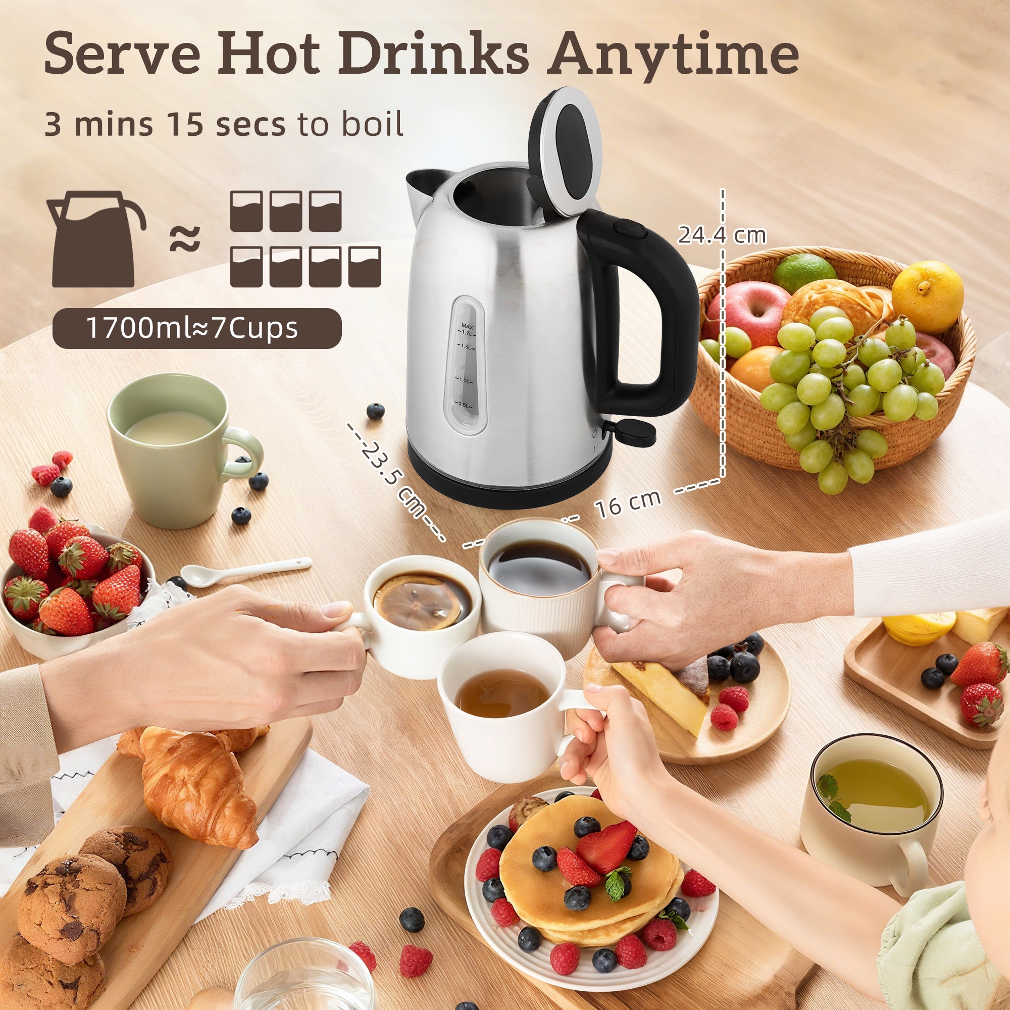 HOMCOM Kettle and Toaster Set, 1.7L 3000W Rapid Boil Jug Kettle with Otter Thermostat, Limescale Filter, 4 Slice Toaster with 7 Browning Controls, Crumb Tray, LED Strip, Silver Tone 
