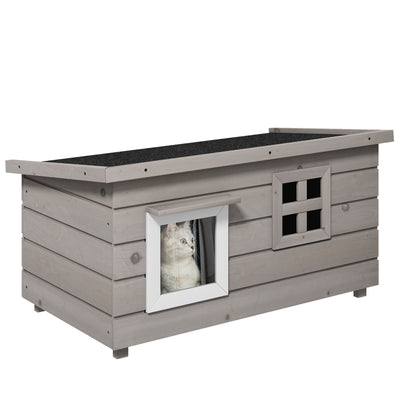PawHut Wooden Outdoor Cat House, Elevated Cat Shelter Kennel, Pet Play House with Openable Top, Asphalt Roof, Window, Grey 