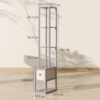 HOMCOM Floor Lamp with Shelves, LED Column Modern Standing Lamp with Fabric Drawer, Adjustable Brightness, Foot Switch for Living Room, Bedroom, Office, Grey 