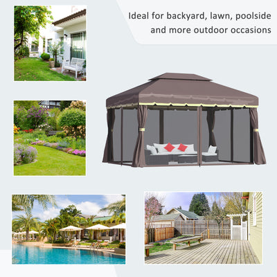 Outsunny 3 x 4m Aluminium Garden Gazebo, Marquee Canopy Shelter Pavilion Party Tent with Nets and Curtains for Garden and Deck, Coffee 