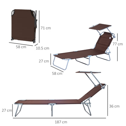 Outsunny Outdoor Foldable Sun Lounger, 4 Level Adjustable Backrest  Reclining Sun Lounger Chair with Angle Adjust Sun Shade Awning for Beach, Garden, Patio, Brown 