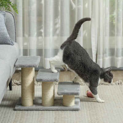 PawHut Pet Stairs 3-step Pet Ladder Cat dog Stairs Climb Ladder Cat Tree, Grey 