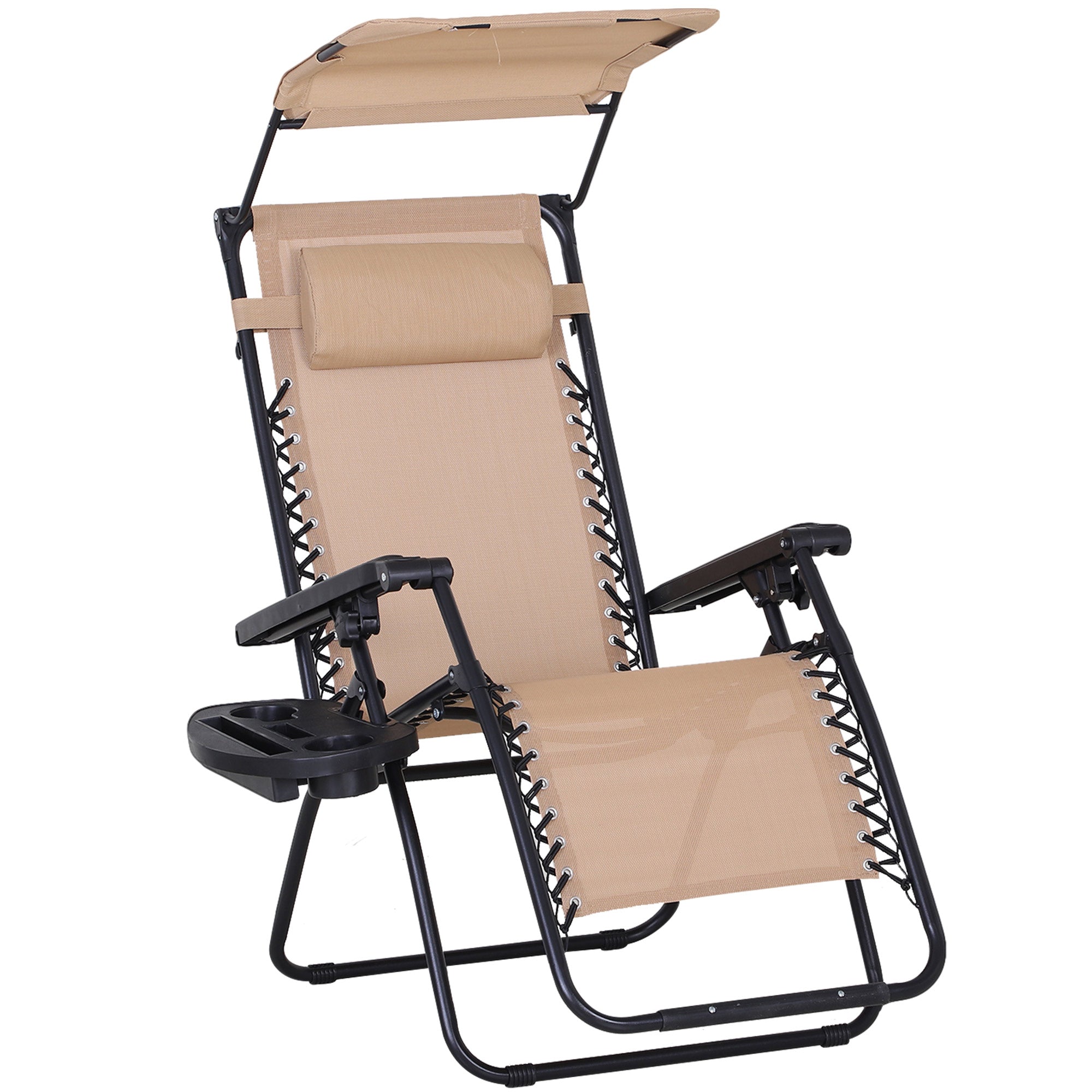 Outsunny Foldable Reclining Garden Chair with Headrest, Zero Gravity Deck Sun Lounger Seat Chair with Footrest, Armrest, Cup Holder & Canopy Shade, Beige 
