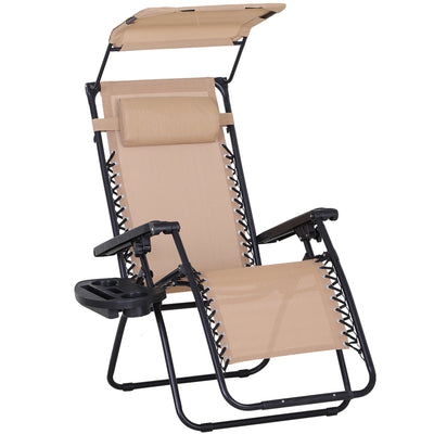 Outsunny Foldable Reclining Garden Chair with Headrest, Zero Gravity Deck Sun Lounger Seat Chair with Footrest, Armrest, Cup Holder & Canopy Shade, Beige 