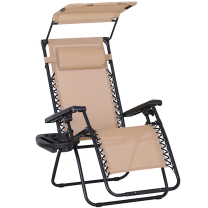 Outsunny Foldable Reclining Garden Chair with Headrest, Zero Gravity Deck Sun Lounger Seat Chair with Footrest, Armrest, Cup Holder & Canopy Shade, Beige 