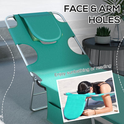 Outsunny Foldable Sun Lounger Set of 2 with Reading Hole, Portable Sun Lounger with 5 Level Adjustable Backrest, Reclining Lounge Chair with Side Pocket, Headrest Pillow, Green 