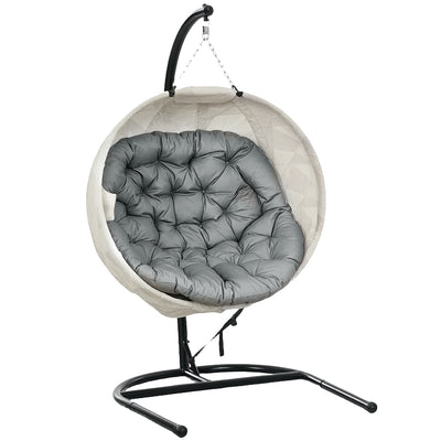 Outsunny Hanging Egg Chair Outdoor Indoor Garden Swing Chair with Folding Basket, Garden Hanging Chair with Stand, Thickened Cushion, Cup Holder for Patio, Balcony, Grey 