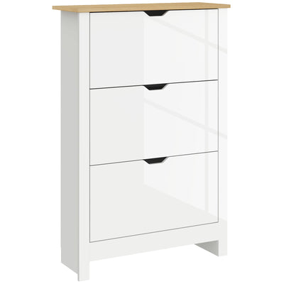 HOMCOM Slim Shoe Cabinet, Narrow Shoe Cupboard with 3 Flip Drawers, Adjustable Shelves for 18 Pairs of Shoes, High Gloss White 