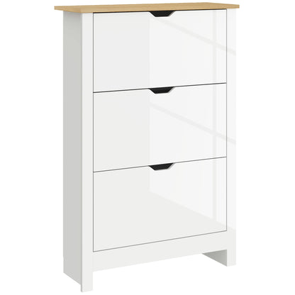 HOMCOM Slim Shoe Cabinet, Narrow Shoe Cupboard with 3 Flip Drawers, Adjustable Shelves for 18 Pairs of Shoes, High Gloss White 