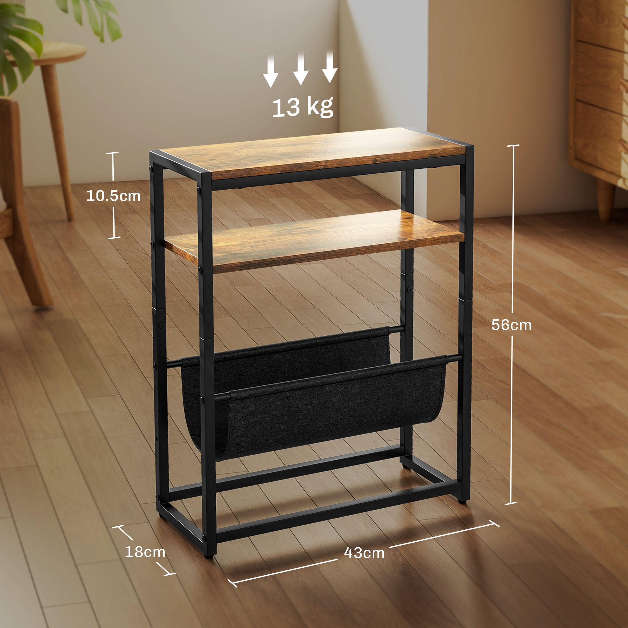 HOMCOM Narrow Side Table, End Table with 3-Tier Storage, V-Shaped Magazine Holder for Living Room, Bedroom, 43 x 18 x 56 cm, Ru 