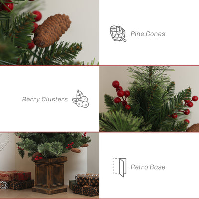 HOMCOM 1.2m/4ft Artificial Christmas Tree with 100 Warm White LED Lights and 8 Modes, Small Xmas Tree with Red Berries, Pine Cones and Retro Base, Green 