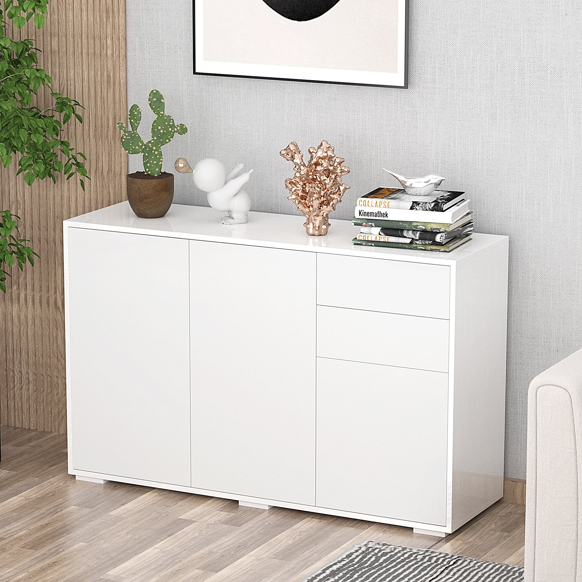 HOMCOM High Gloss Side Cabinet, Push-Open Design with 2 Drawers and 2 Cabinets for Living Room, 74H x 117W x 36Dcm, White 