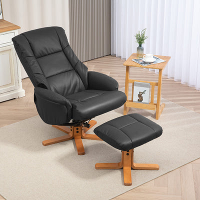 HOMCOM Rocking Recliner Chair with Footstool, PU Leather Recliner Armchair with Wood Base, Upholstered Reclining Chair for Living Room Bedroom, Black 