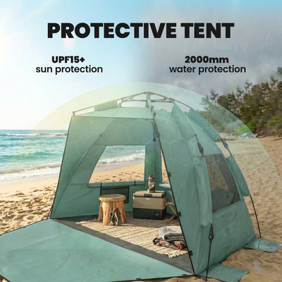 Outsunny 2-3 Person Pop Up Beach Tent, UPF15+ Sun Shelter with Extended Floor, Sandbags, Mesh Windows and Carry Bag, Green 
