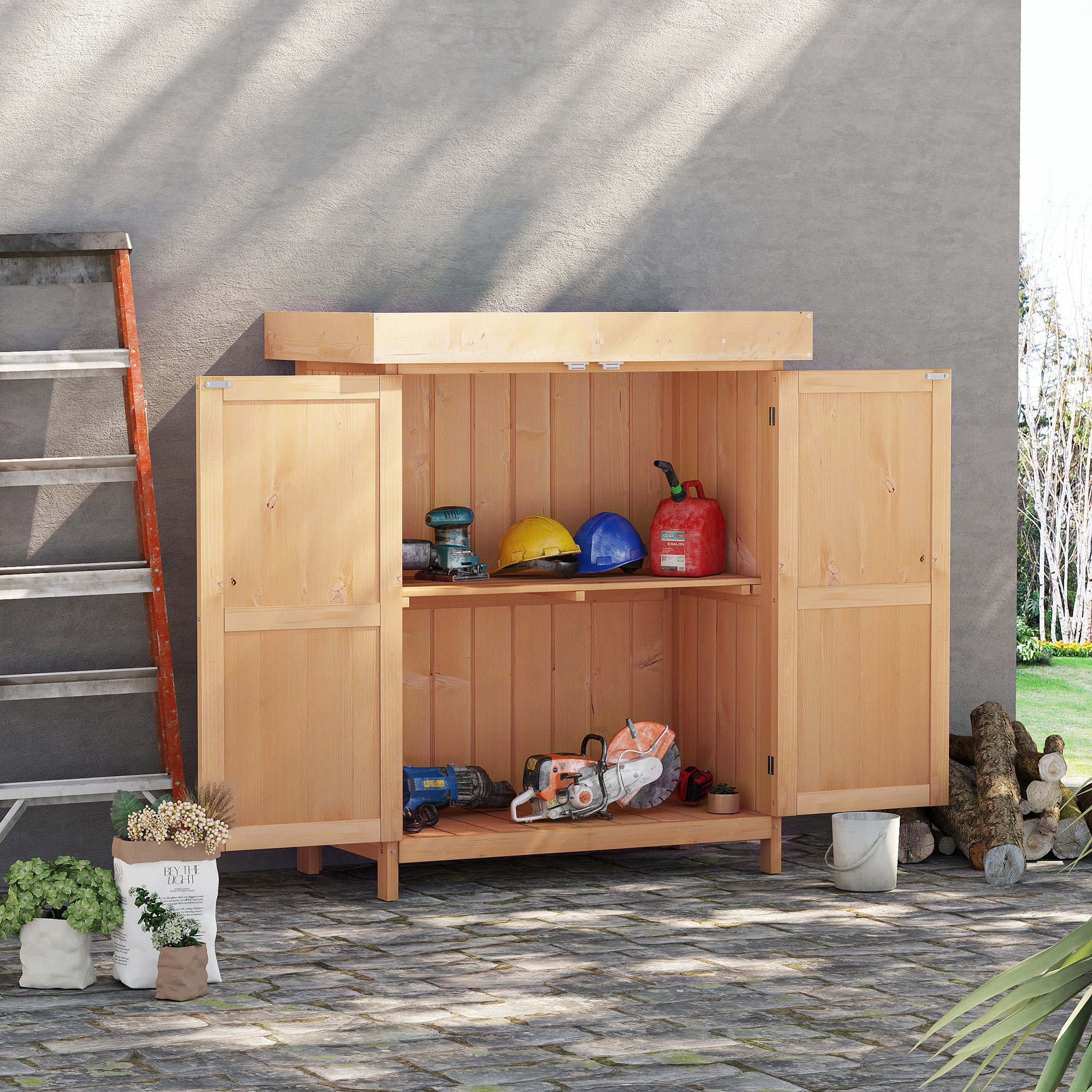 Outsunny Wooden Garden Storage Shed with Hinged Roof and Shelves, Outdoor Storage Cabinet Chest, Double Doors, 74 x 43 x 88cm, Burlywood 
