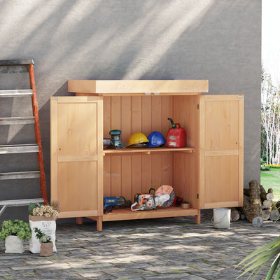 Outsunny Wooden Garden Storage Shed with Hinged Roof and Shelves, Outdoor Storage Cabinet Chest, Double Doors, 74 x 43 x 88cm, Burlywood 