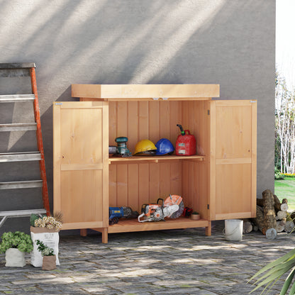 Outsunny Wooden Garden Storage Shed with Hinged Roof and Shelves, Outdoor Storage Cabinet Chest, Double Doors, 74 x 43 x 88cm, Burlywood 