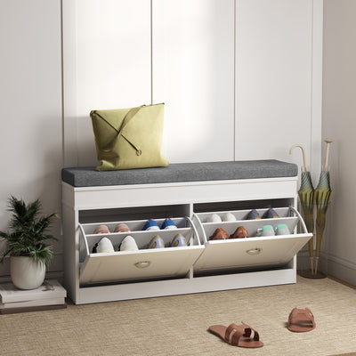 HOMCOM Shoe Storage Bench with Flip Drawers, Shoe Cabinet with Seat Cushion and Adjustable Shelf for Hallway, Entryway, Living Room, Bedroom, White 
