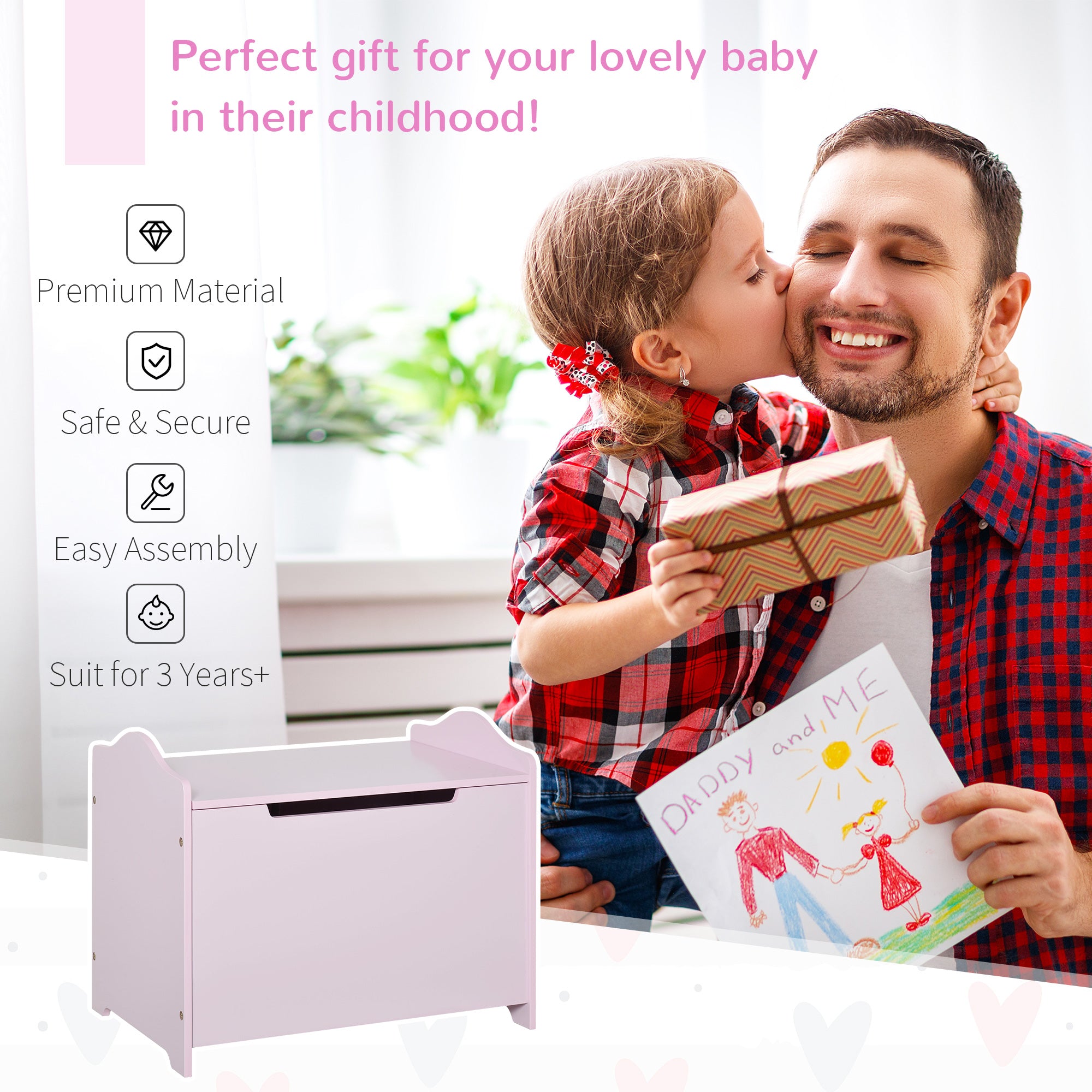 HOMCOM Wooden Kids Toy Box Children Storage Organizer Chest Safety Hinge Playroom Furniture Pink 