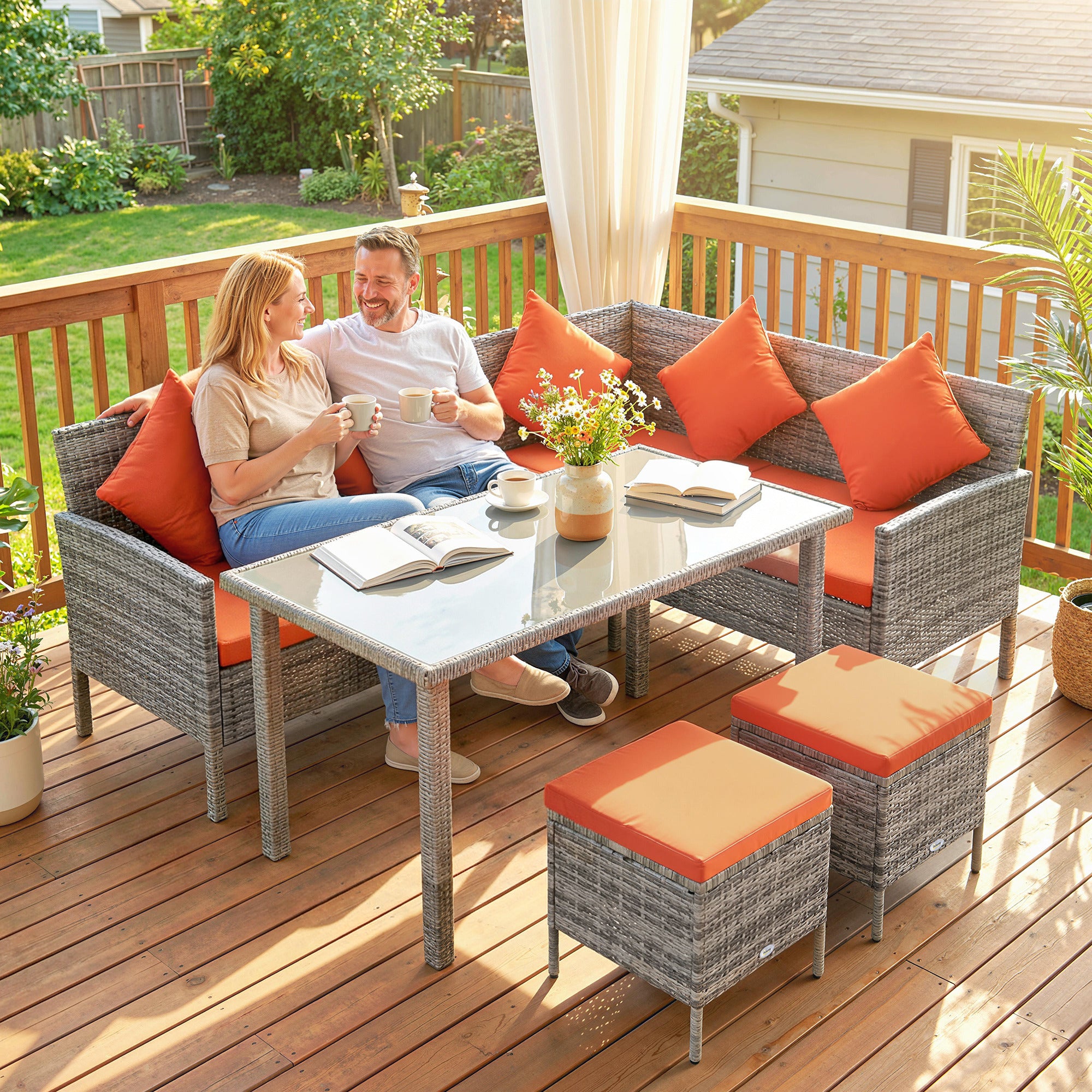 Outsunny 6-Seater Rattan Dining Set Sofa Table Footstool Outdoor w/ Cushion Garden Furniture, Orange 