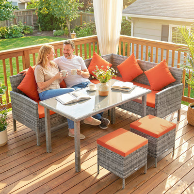 Outsunny 6-Seater Rattan Dining Set Sofa Table Footstool Outdoor w/ Cushion Garden Furniture, Orange 