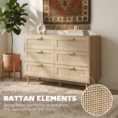 HOMCOM Chest of Drawers, 6-Drawer Dresser, Tall Storage Drawer Unit with Rattan Element for Bedroom, Living Room, Oak