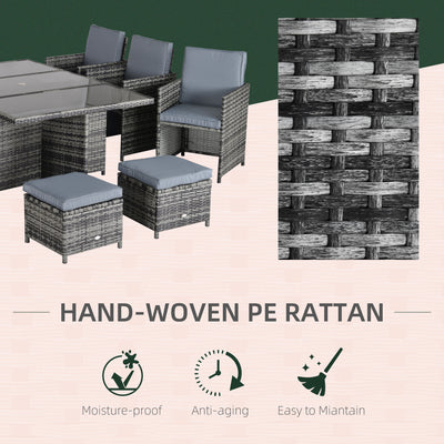Outsunny 10 Seater Rattan Cube Garden Furniture Set with Parasol Hole, Rattan Dining Set with Cushions, Outdoor Dining Table and Chairs with Rectangular Glass Top Table for Patio, Mixed Grey 