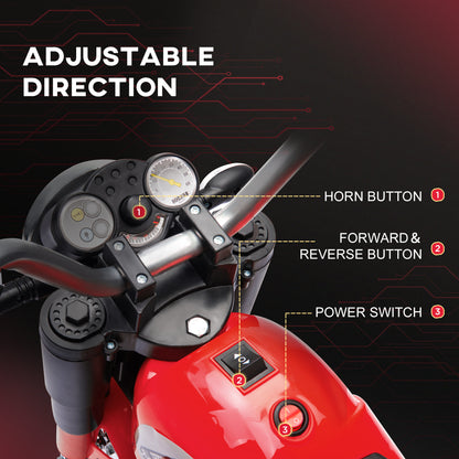 HOMCOM 6V Kids Electric Motorbike 3 Wheels Ride On Toy with Horn Headlights Realistic Sounds for Girl Boy 18 - 36 Months Red 