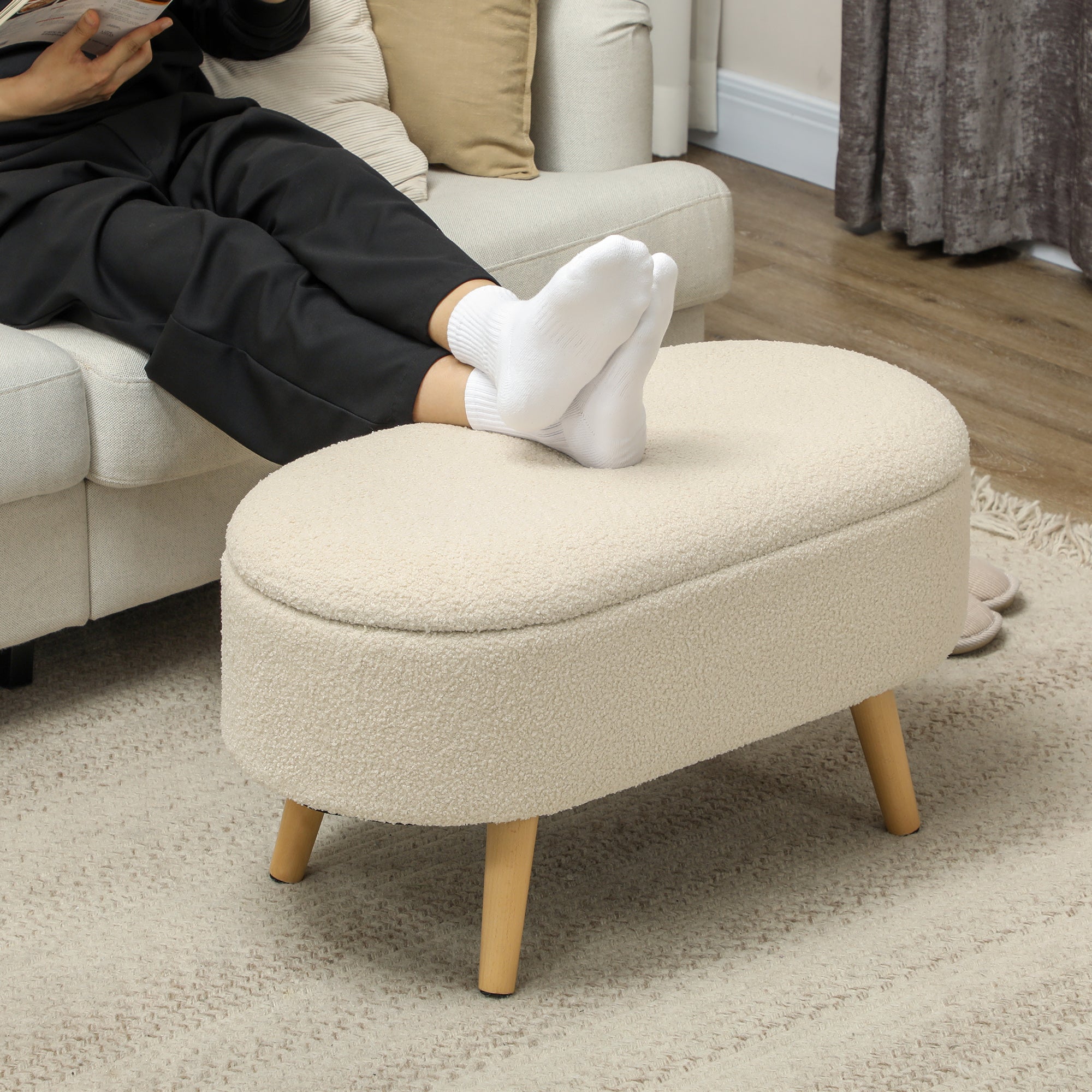 HOMCOM Teddy Fleece Storage Ottoman - Cream White 
