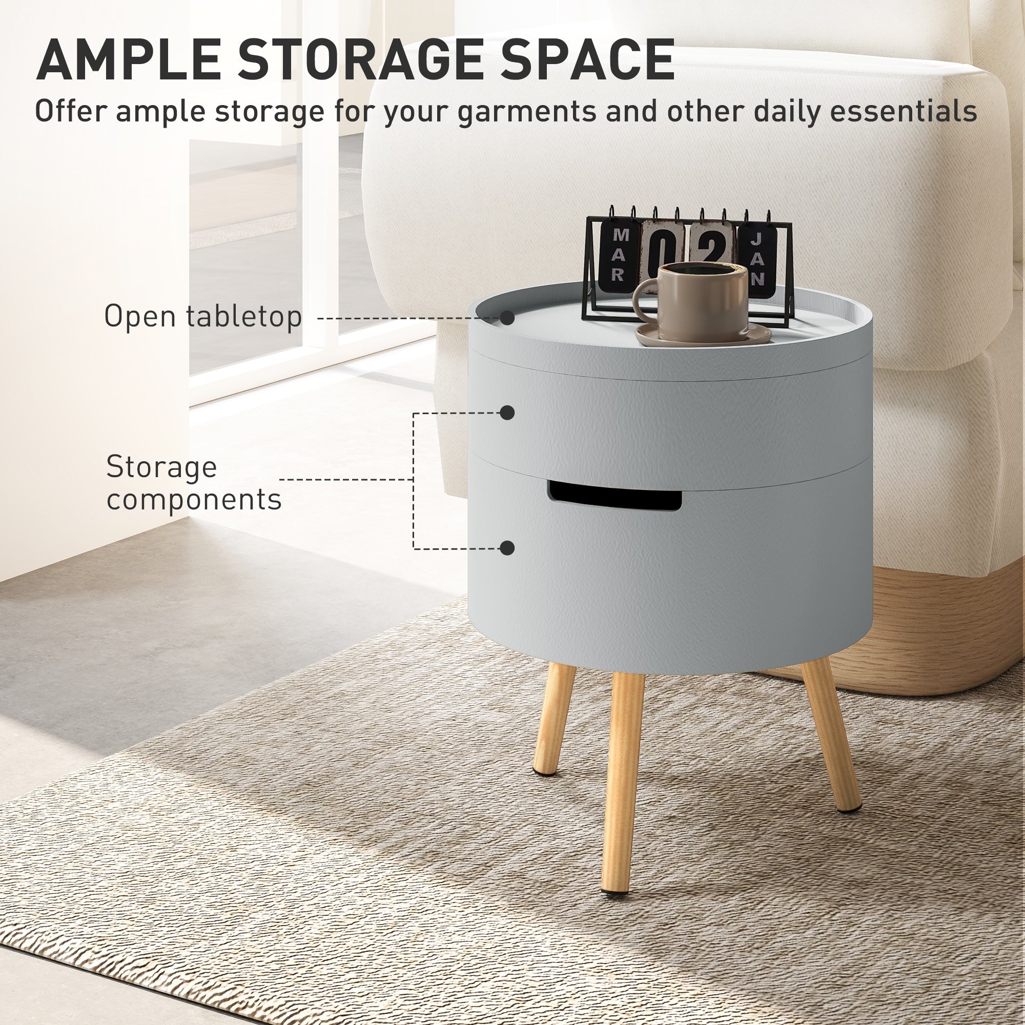 HOMCOM 3-Tier Coffee Table, Round End Table with 2 Hidden Compartments and Detachable Tray, Side Table with Storage for Living Room, Grey 