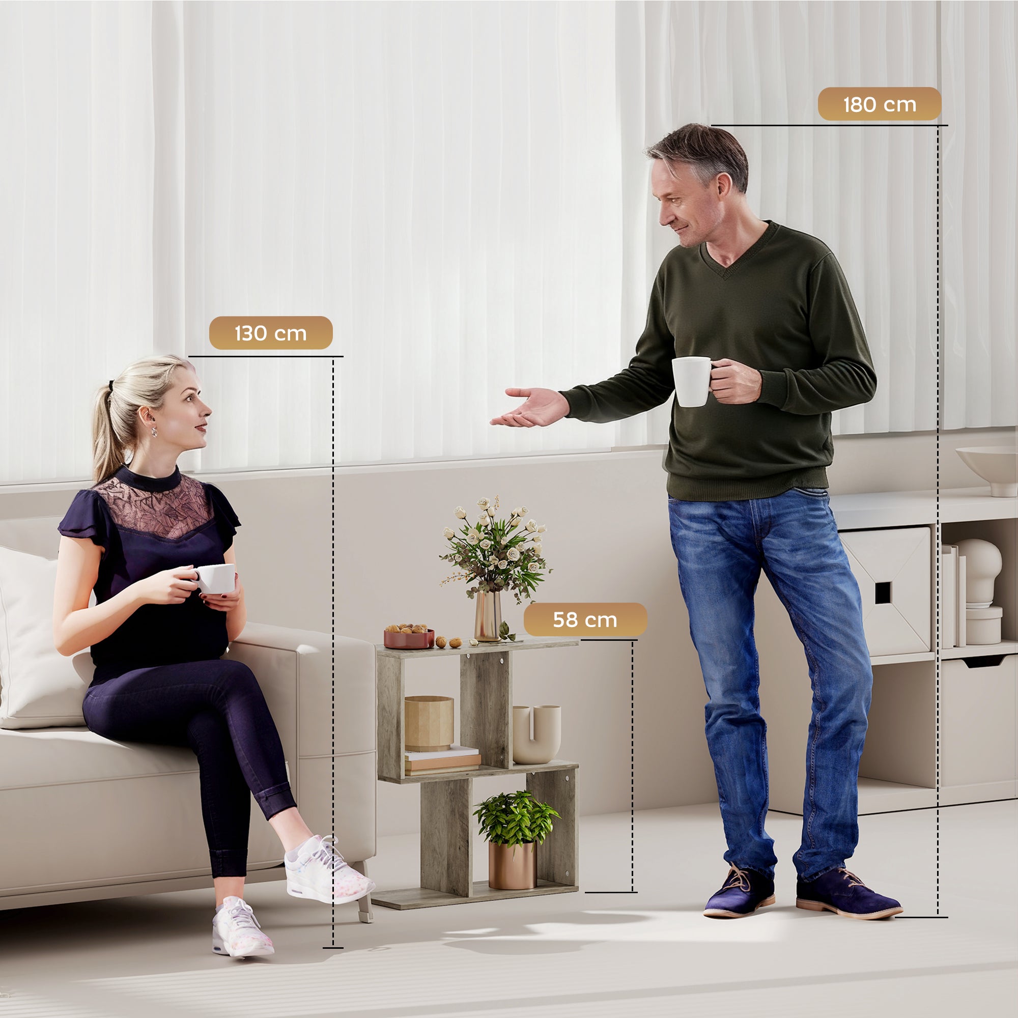 HOMCOM Side Table, Narrow End Table with Storage Shelves, S-Shaped, 3-Tier, 50W x 19.5D x 58H cm, Grey 