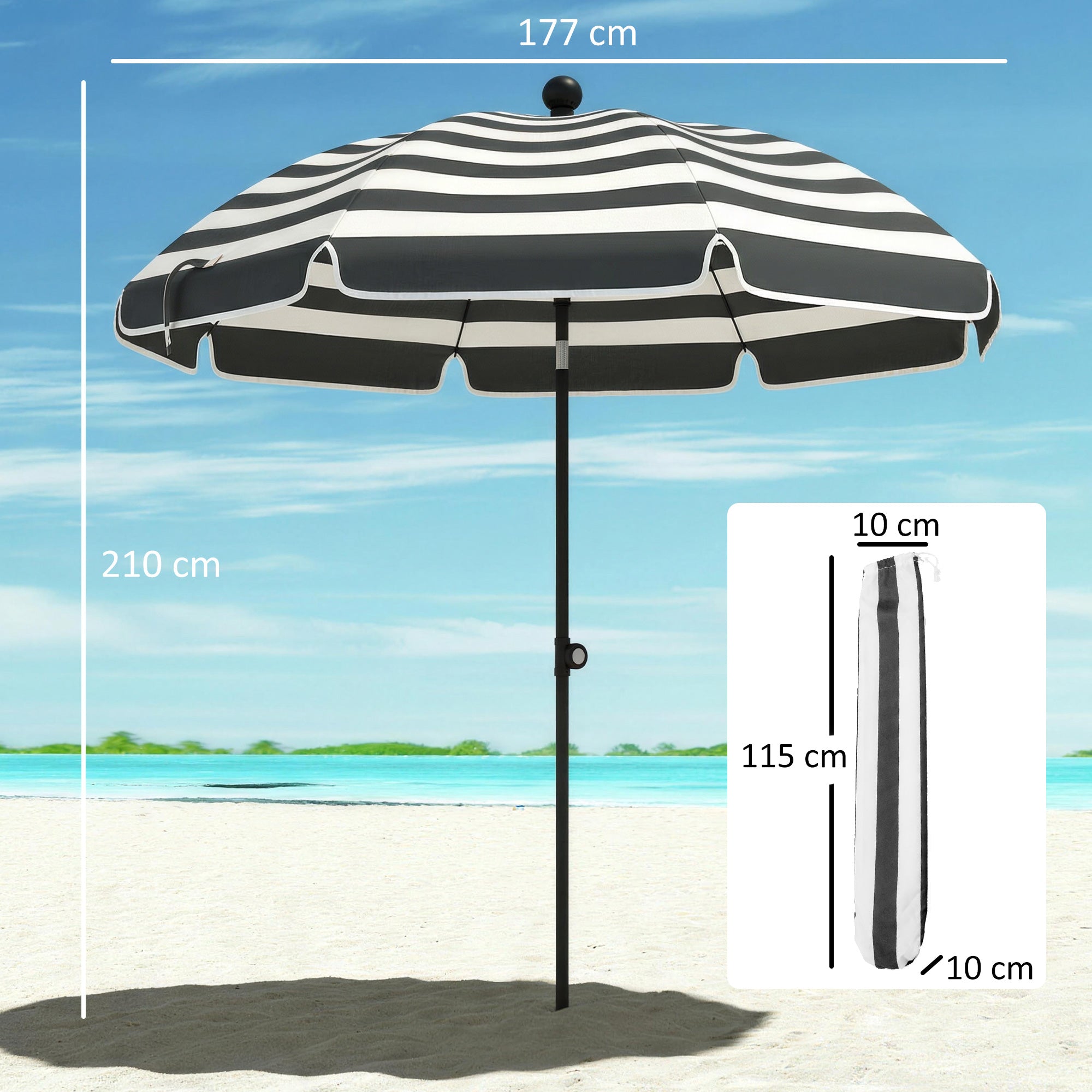 Outsunny 1.8 m Beach Umbrella Parasol with Sand Anchor, Portable 30° Tilting Patio Sun Shade with Adjustable Height, Grey/White 