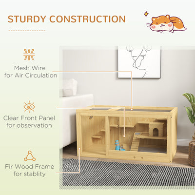 PawHut Wooden Hamster Cage with Water Bottle, Platforms, Openable Roof, Sliding Tray, Hut, Seesaws, Natural Wood Finish 