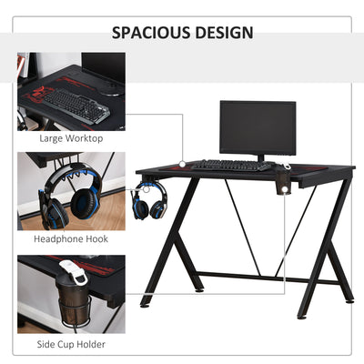 HOMCOM Gaming Desk 108 x 66 cm PC Computer Desk with Whole Board, A Shaped Gaming Table for Home Office with Cup Holder and Headphone Hook, Black 