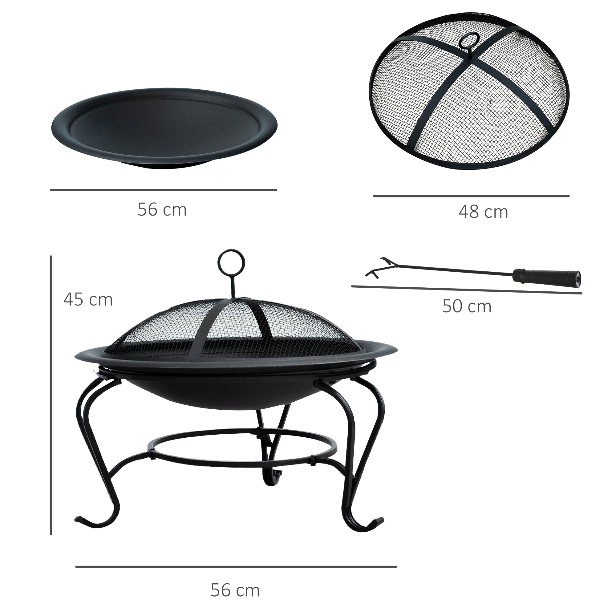 Outsunny Metal Firepit Bowl Outdoor Round Fire Pit w/ Lid, Log Grate, Poker for Backyard, Camping, BBQ, Bonfire, Wood Burning Stove, 56 x 56 x 45cm, Black 