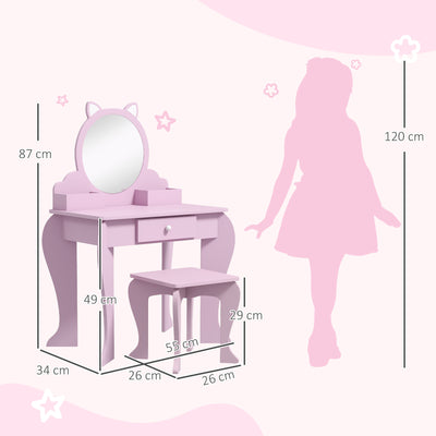 ZONEKIZ Kids Vanity Table with Mirror, Stool, Drawer, Storage Boxes, Cat Design, for Ages 3-6 Years - Pink 