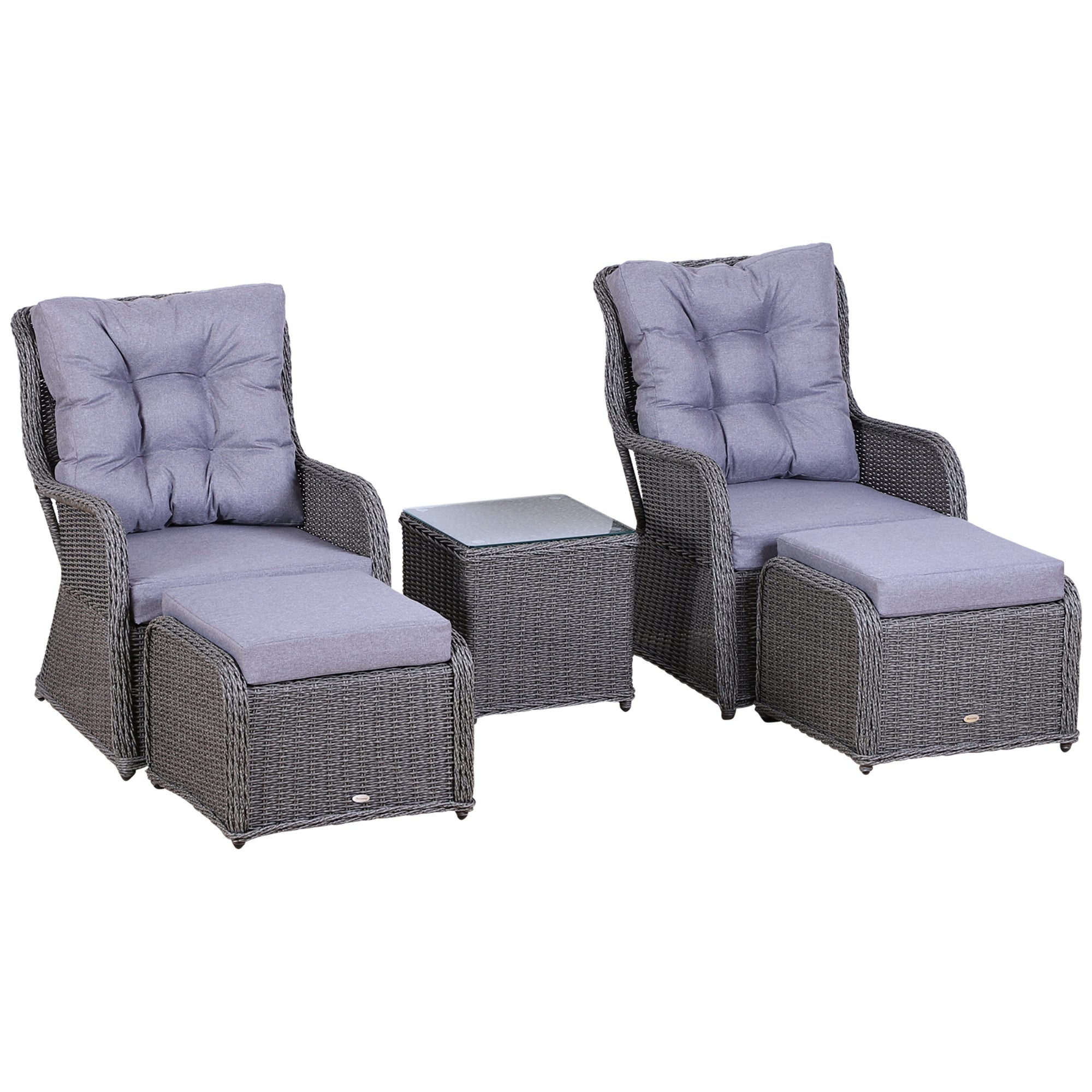 Outsunny 5PCS Deluxe Garden Rattan Furniture Sofa Chair & Stool Table Set  Patio Wicker Weave Furniture Set Aluminium Frame Fully-assembly - Grey 