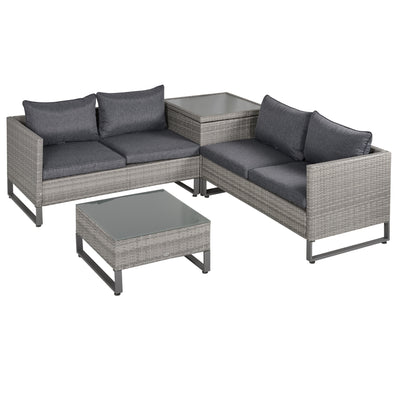 Outsunny 4 Pieces Rattan Garden Furniture Set, 4 Seater Garden Sofa Set with Storage Box, Loveseats and Glass Top Table, Wicker Outdoor Conservatory Furniture with Cushions for Outdoor, Patio, Grey 