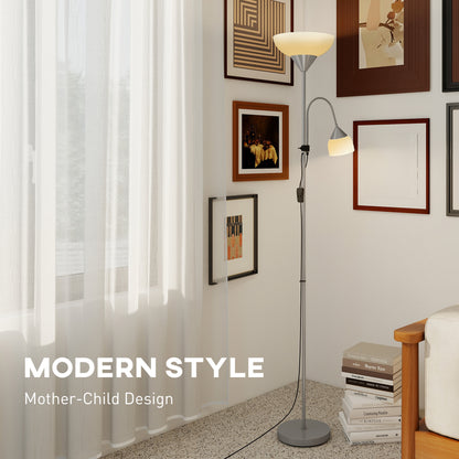HOMCOM LED Floor Lamp for Living Room, 180cm Tall Standing Lamp, Mother and Child Uplighter with Adjustable Gooseneck, 3000K/4500K/6500K Colour Temperatures, Silver Tone