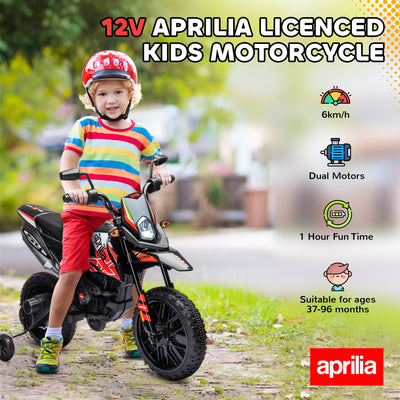 AIYAPLAY 12V Aprilia Licenced Kids Motorbike with Training Wheels, Spring Suspension, LED Light, USB, Music, Red 