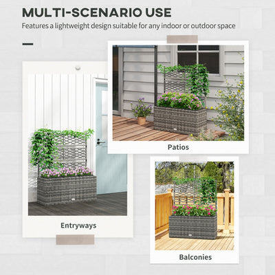 Outsunny 33L Garden PE Rattan Planter with Trellis, Free Standing Flower Raised Bed for Garden, Garden Planter for Climbing Plants, 84cm x 30cm x 107cm, Light Grey 