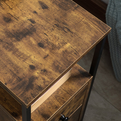 HOMCOM Side Table, Narrow Bedside Table with 2 Drawers and Storage Shelf, Industrial End Table with Metal Frame for Small Spaces, Rustic Brown